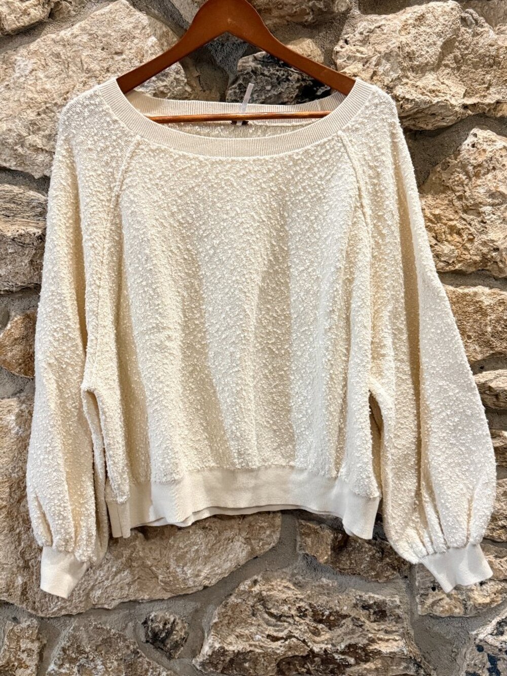 Free People Ivory Boucle Knit Sweater L Balloon Sleeve Crewneck Pullover